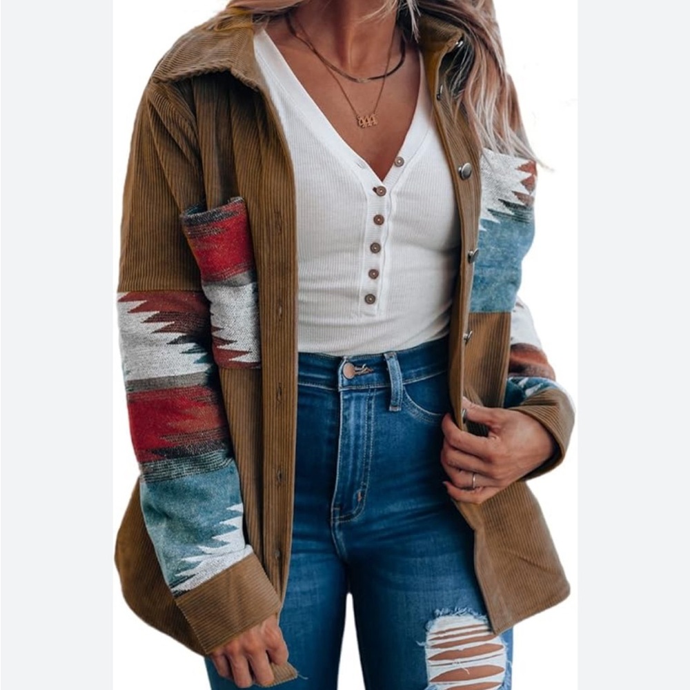 Zaful Brown Corduroy Utility Jacket with Southwestern Print Sleeves
